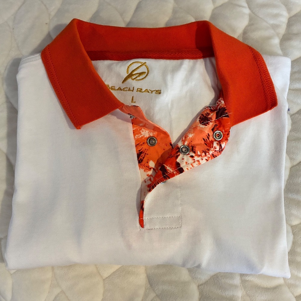 NWT Beach Rays Polo Shirt Golf Casual Activewear Short Sleeve‎ White Orange-L